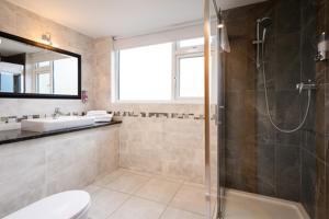 a bathroom with a shower and a toilet and a sink at Summerfield Lodge B&B in Youghal