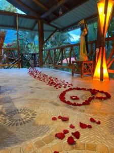 a bunch of red rose petals on a dance floor at Hostería Arasari in Mindo