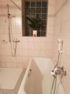een badkamer met een wit bad en een raam bij Ferienwohnung Gte rural in Courcelon