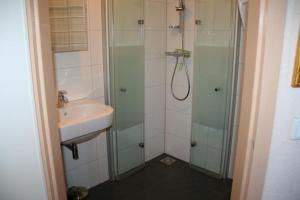 a bathroom with a shower and a sink at Liguster 73* in Nieuwvliet +23 photos