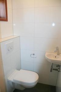 a white bathroom with a toilet and a sink at Liguster 73* in Nieuwvliet