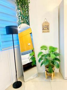 um espelho num quarto com uma cama e uma planta em D'Hideout in shell residences moa pasay em Manila