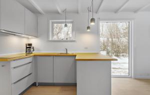cocina con armarios blancos y ventana grande en Gorgeous Home In Kirke Hyllinge With Wifi en Kirke-Hyllinge
