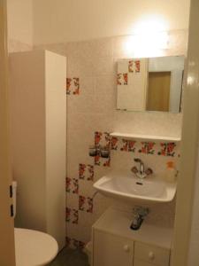ein Badezimmer mit einem Waschbecken, einem WC und einem Spiegel in der Unterkunft Chesa Azalea 14 in Pontresina
