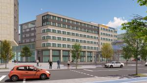 a rendering of a building with a car parked in front at LOGINN Hotel Offenbach in Offenbach