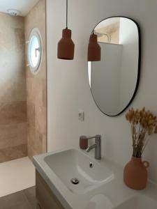 een badkamer met een wastafel en een spiegel bij Les Lodges de Saint Brice 2 in Arès