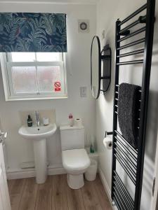 Un baño pequeño con inodoro y lavabo. en Filey Hideaway Apartment The Bay Holiday Village Filey Homesweetholidayhomes, en Filey