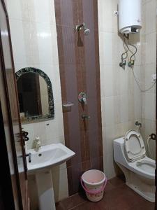 W łazience znajduje się umywalka, toaleta i lustro. w obiekcie Shri Achyutam Villas w mieście Wryndawan