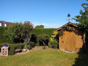 a wooden shed in a yard with a hedge at Heggerank 66* in Nieuwvliet