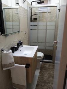 een badkamer met een wastafel, een toilet en een douche bij Da Giusy le petit bijou in Castelbuono