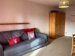 ein Wohnzimmer mit einem grauen Sofa und roten Kissen in der Unterkunft Studio 28 m2 aux étoiles à La Foux Allos in Allos