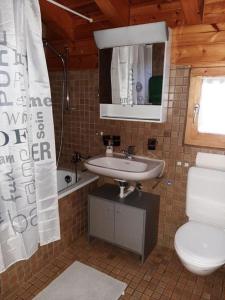 een badkamer met een wastafel, een toilet en een spiegel bij 3 12 Zimmer Duplex Ferienwohnung Moosalpe A in Bürchen