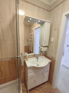 a bathroom with a sink and a shower with a mirror at Studio in Siofok - Balaton 45328 in Siófok +31 photos