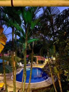 una piscina con palmeras frente a un complejo en Hostería Arasari en Mindo