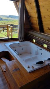 een groot bad in een cabine met een raam bij Pousada Emerich in Cambará
