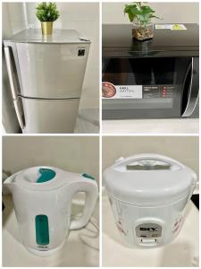 four different pictures of a food processor and a microwave at MidValley Southkey Mosaic 9pax 2B2B Netflix-SmartTV70inch in Johor Bahru