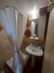 a bathroom with a sink and a shower curtain at Orechova - orech+ova in Arachova