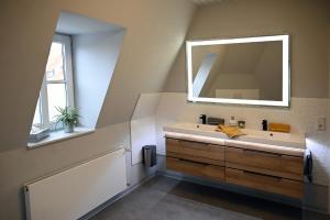 een badkamer met een wastafel en een spiegel aan de muur bij Harzträume No1 & 2 Doppelwohnung in Wernigerode
