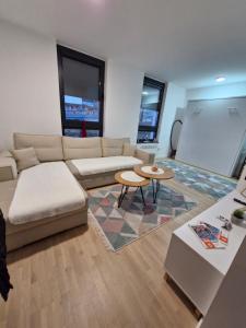 a living room with a couch and a table at Pineta Apartman Bjelasnica in Bjelašnica