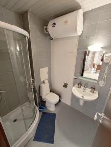 uma casa de banho com um WC, um chuveiro e um lavatório. em Апартаменты в Belvedere em Bansko