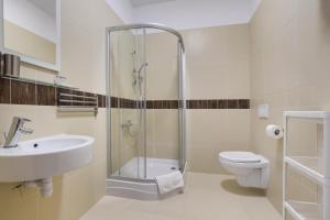 La salle de bains est pourvue d'une douche, d'un lavabo et de toilettes. dans l'établissement Willa Na Cichej, à Szklarska Poręba