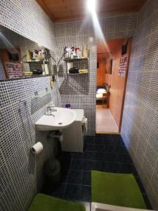 a bathroom with a sink and a green rug at High Sky Apartment in Budapest