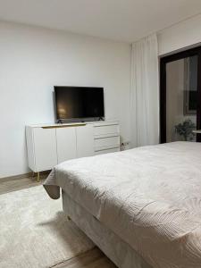 a white bedroom with a bed and a flat screen tv at Isaak Appartement Harmonie in Küssaberg