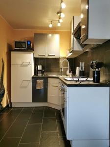 a kitchen with a white refrigerator and a sink at Ferienappartement Marburg Giessen in Hachborn