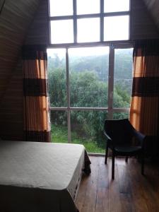 1 dormitorio con ventana grande, cama y silla en Delvin´s Lodge, en Ambawela