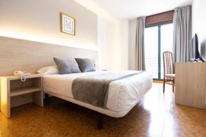 a bedroom with a bed with a desk and a television at Hotel Madrid in Pontevedra