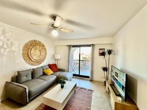 a living room with a couch and a tv at Charmant 2 pièces centre-ville in Cagnes-sur-Mer