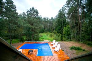 an overhead view of a swimming pool on a wooden deck at Domek całoroczny RYSIÓWKA na Kaszubach z basenem banią sauną bilardem na wyłączność - Ostrowite Leśna Dolina in Sulęczyno