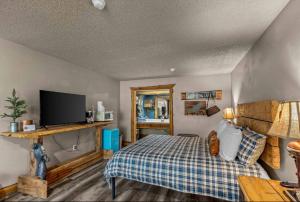 a bedroom with a bed and a flat screen tv at Stonegate Lodge W Pool & Outdoor Firepits Room #201 in Eureka Springs