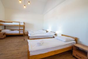 Krajno PierwszeにあるWichrowe Wzgórzeのベッド3台と二段ベッド1組が備わる客室です。