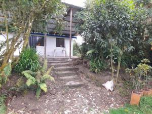 a house with a staircase leading up to it at Acogedora cabaña entre las montañas de La Calera- Colombia in La Calera