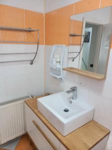W łazience znajduje się biała umywalka i lustro. w obiekcie Vila Cri Cri w mieście Buşteni