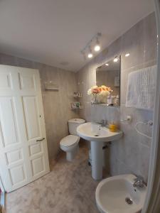een badkamer met een wastafel, een toilet en een spiegel bij ALOJAMIENTO TURISTICO LAS SOLANERAS in Solana del Pino