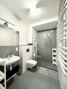 y baño con aseo, lavabo y ducha. en Wąska 5 Apartamenty, en Wroclaw