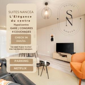 a living room with a couch and a tv at L'Elégance du centre - Nancy Gare Congrès - PARKING - T3 in Nancy