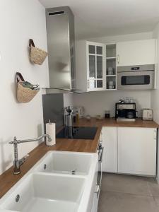 uma cozinha branca com um lavatório e um micro-ondas em Les Lodges de Saint Brice 1 em Arès