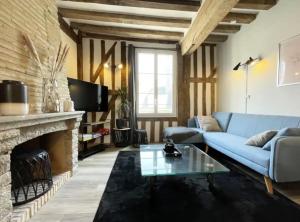 ein Wohnzimmer mit einem blauen Sofa und einem Kamin in der Unterkunft The Kiki's Home in Chartres