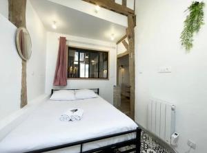 ein Schlafzimmer mit einem großen weißen Bett mit zwei Schuhen darauf in der Unterkunft The Kiki's Home in Chartres