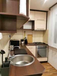 a kitchen with a sink and a stove at Római 1 in Dunaújváros +10 photos