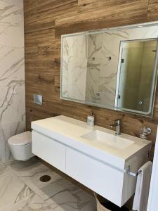 uma casa de banho com um lavatório branco e um espelho. em Adega D'Aldeia 