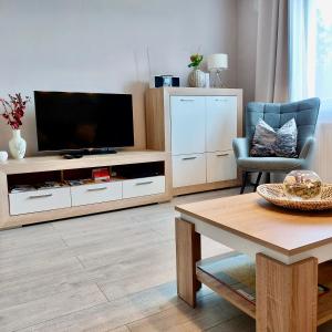 Apartment am Hochwald في Reinhardtsdorf: غرفة معيشة مع تلفزيون وطاولة