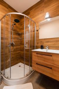 a bathroom with a shower and a sink at Pokoje Na Winklu in Kluszkowce