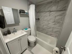 a bathroom with a toilet and a sink and a shower at Blue house in Hampden in Baltimore