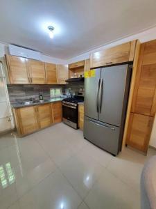 eine Küche mit einem Kühlschrank aus Edelstahl und Holzschränken in der Unterkunft Cómodo Apartamento en San Isidro in Mendoza
