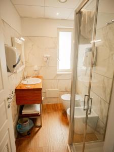 e bagno con doccia, servizi igienici e lavandino. di ROOMS alCentro a Catania