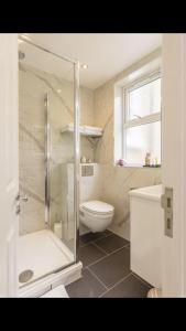 a bathroom with a shower and a toilet and a sink at Alexander House in London